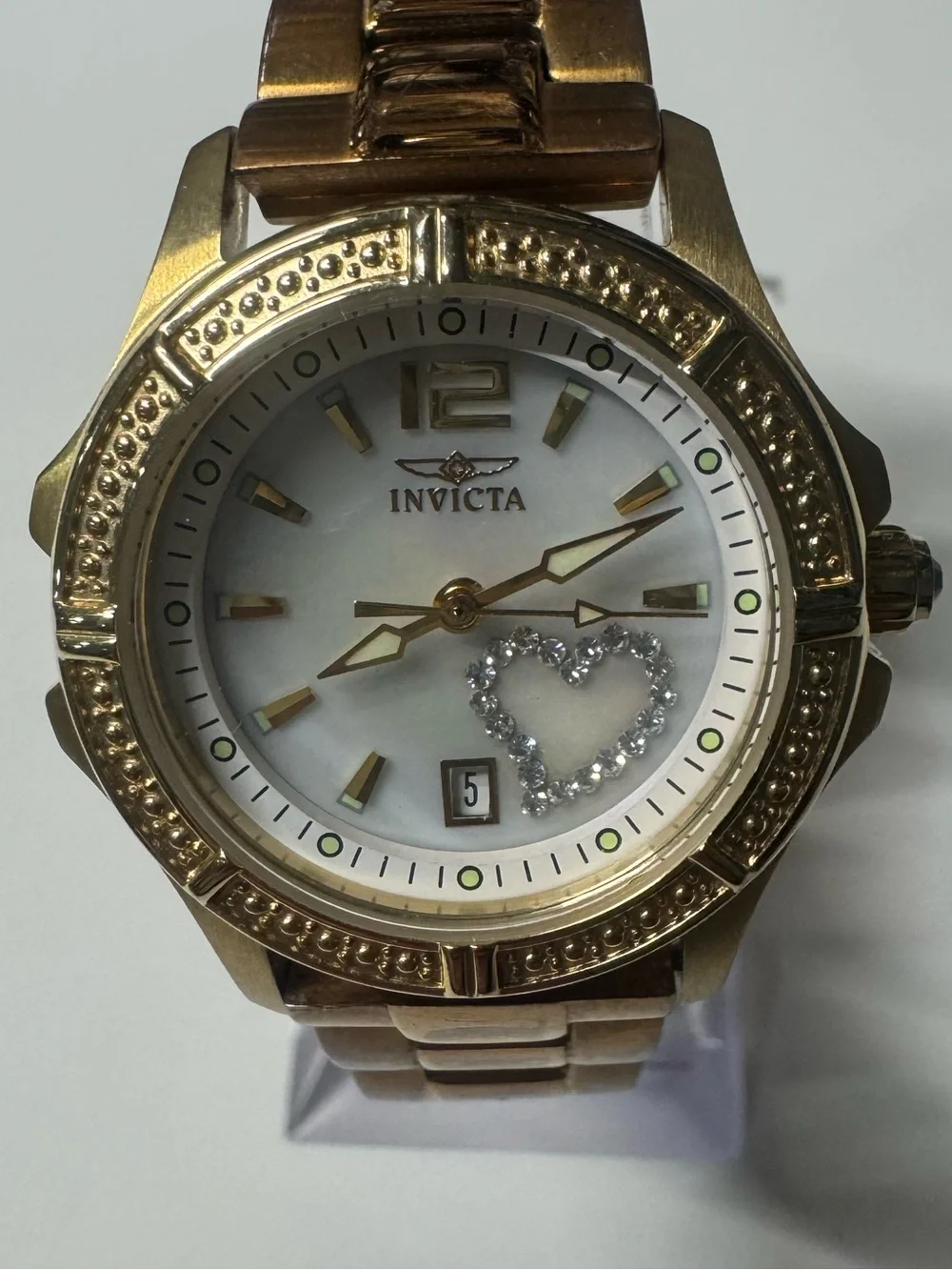 Invicta Gold and White Crystal Heart Women's Bracelet Watch